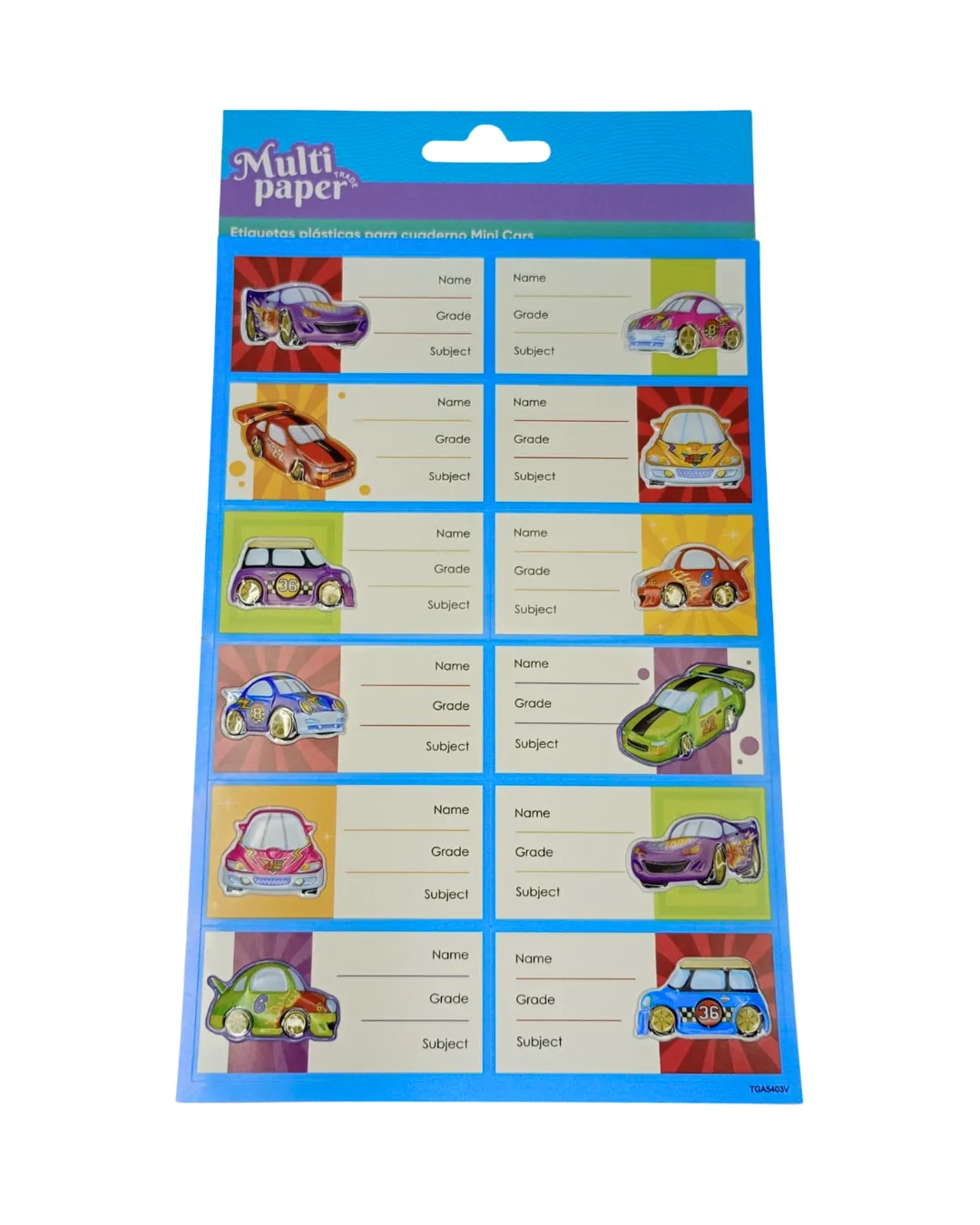 ETIQUETAS PLASTICAS PARA CUADERNO MINI CARS