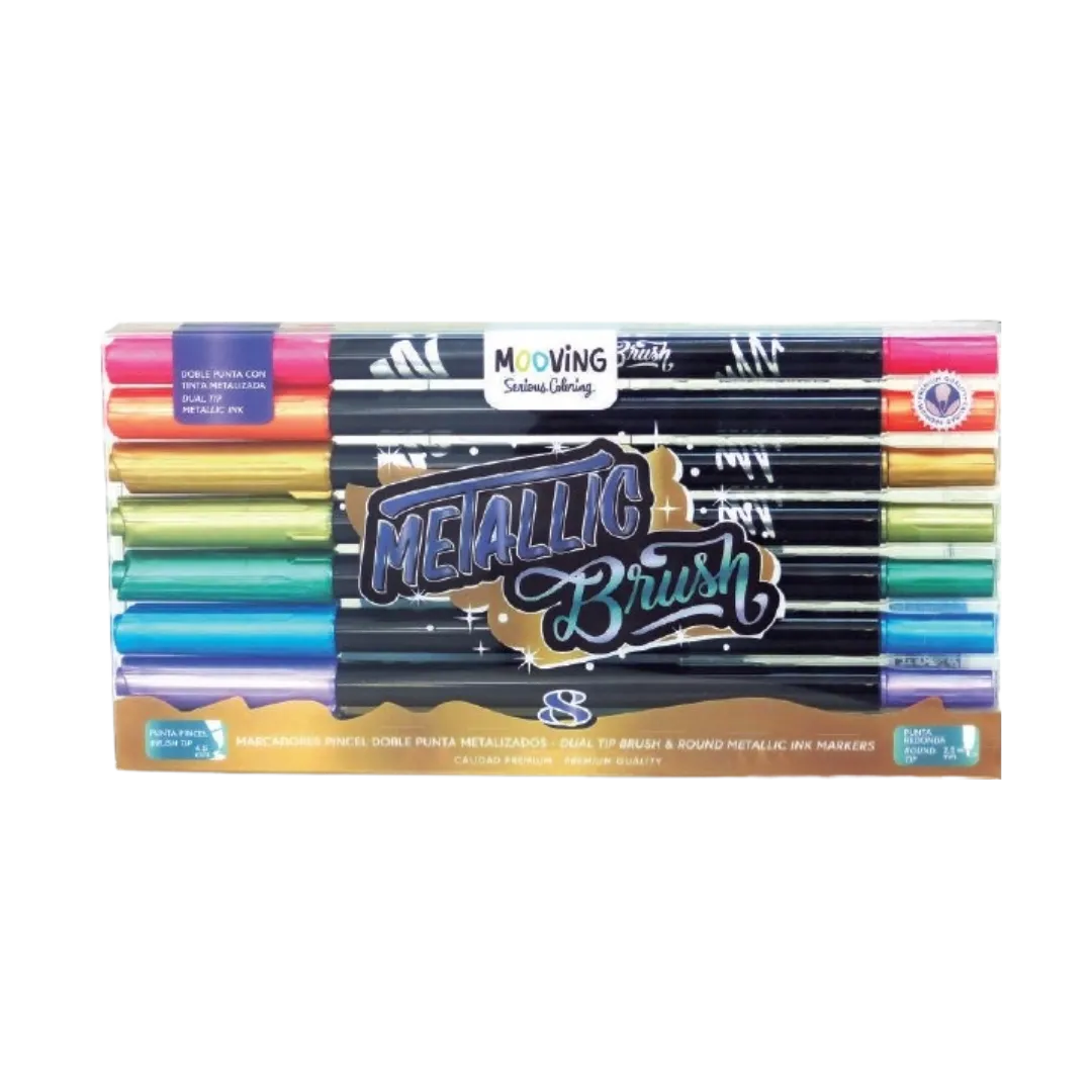 MARCADOR DOBLE PUNTA PINCEL COLORING METALIZADO X 8